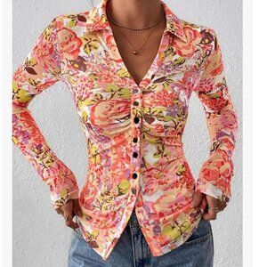 PrettyGarden:  Button-down Blouse, Size L, Coral/Lilac/Yellow Floral